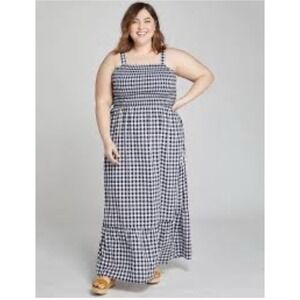 LANE BRYANT Navy White Gingham Maxi Dress ~Women's 18/20~Smocked Ruffle Sundress